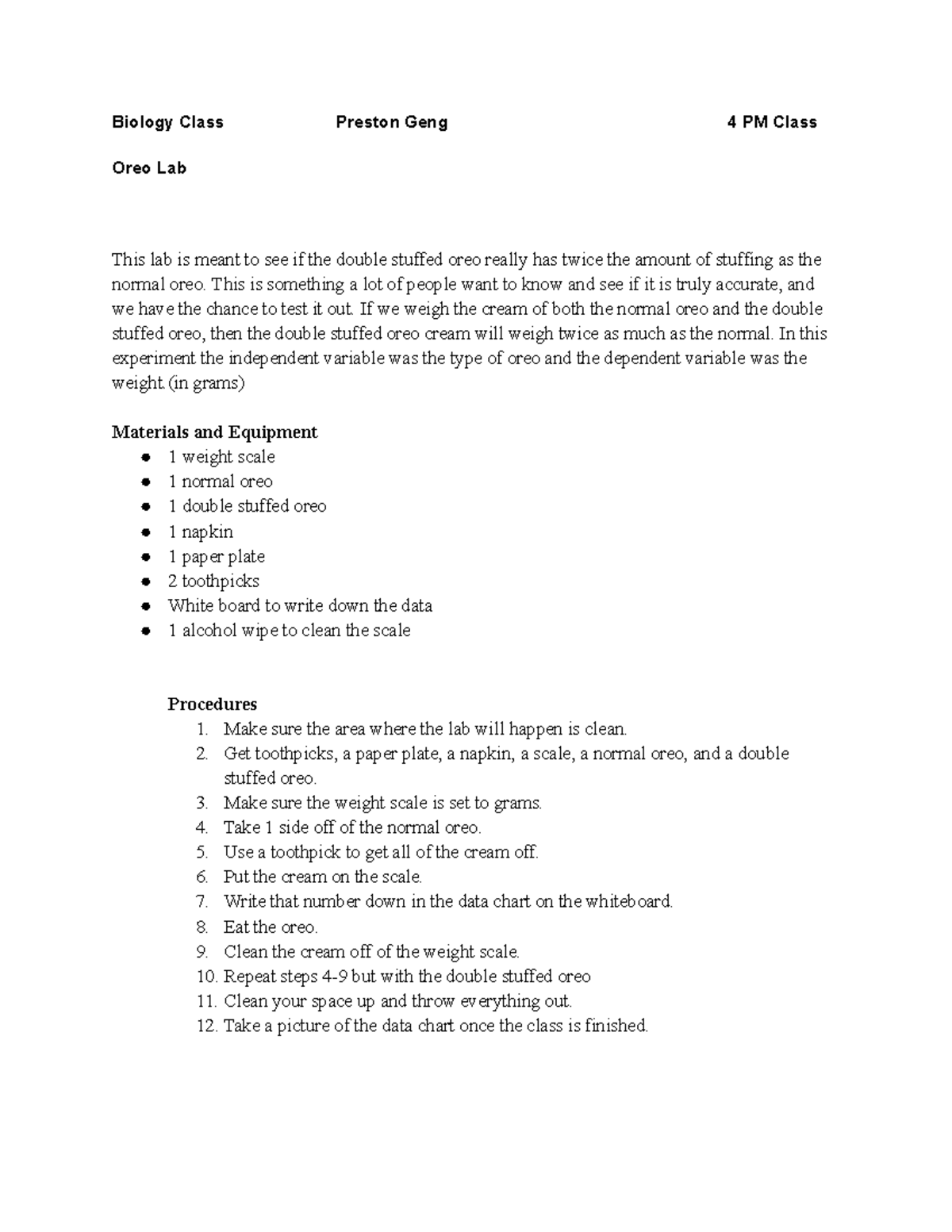 Biology Lab Report: Oreo Stuffing Weight Comparison (BIO101) - Studocu