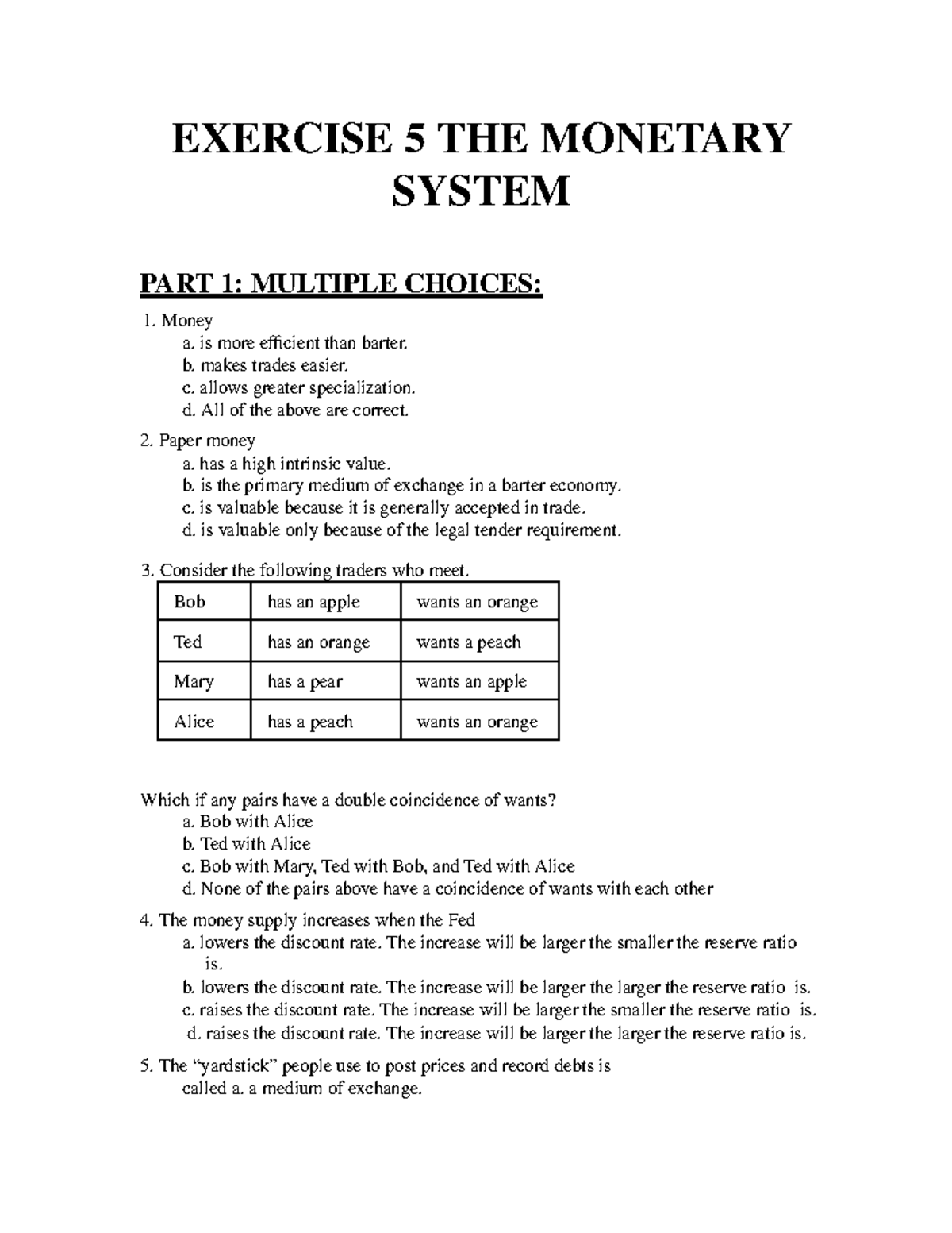 Chap 5: The Monetary System - Exercises & MCQs Review - Studocu