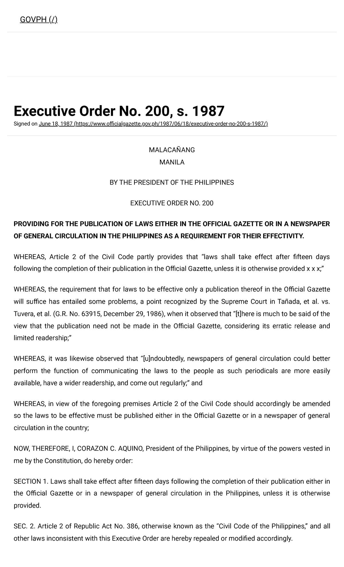 Executive Order No. 200, s. 1987: Official Gazette Summary - Studocu