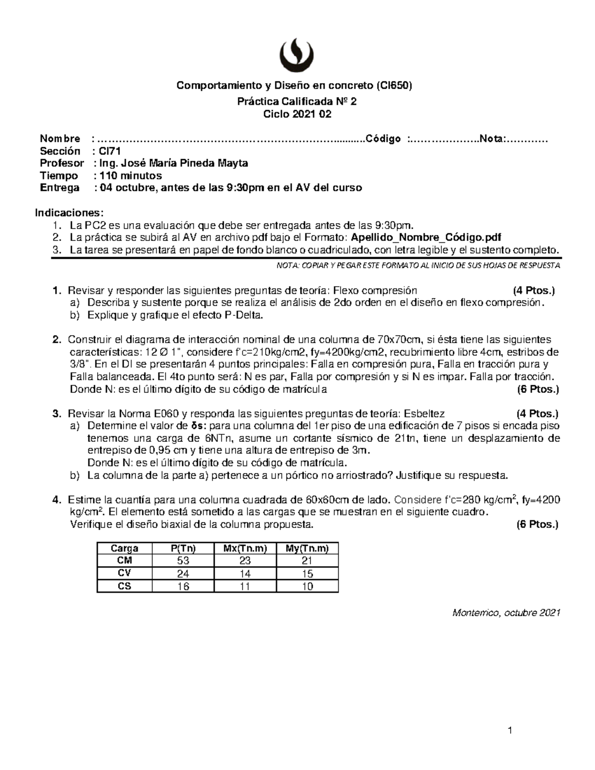 2021-2 CI71 - pc2 - 1 Comportamiento y Diseño en concreto (CI 650 ...