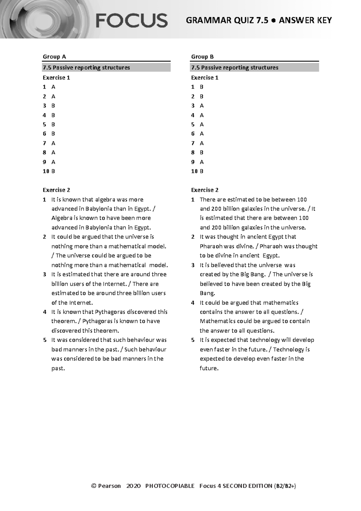 Focus 4 2E Grammar Quiz 7.5 Answer Key for Groups A & B - Studocu