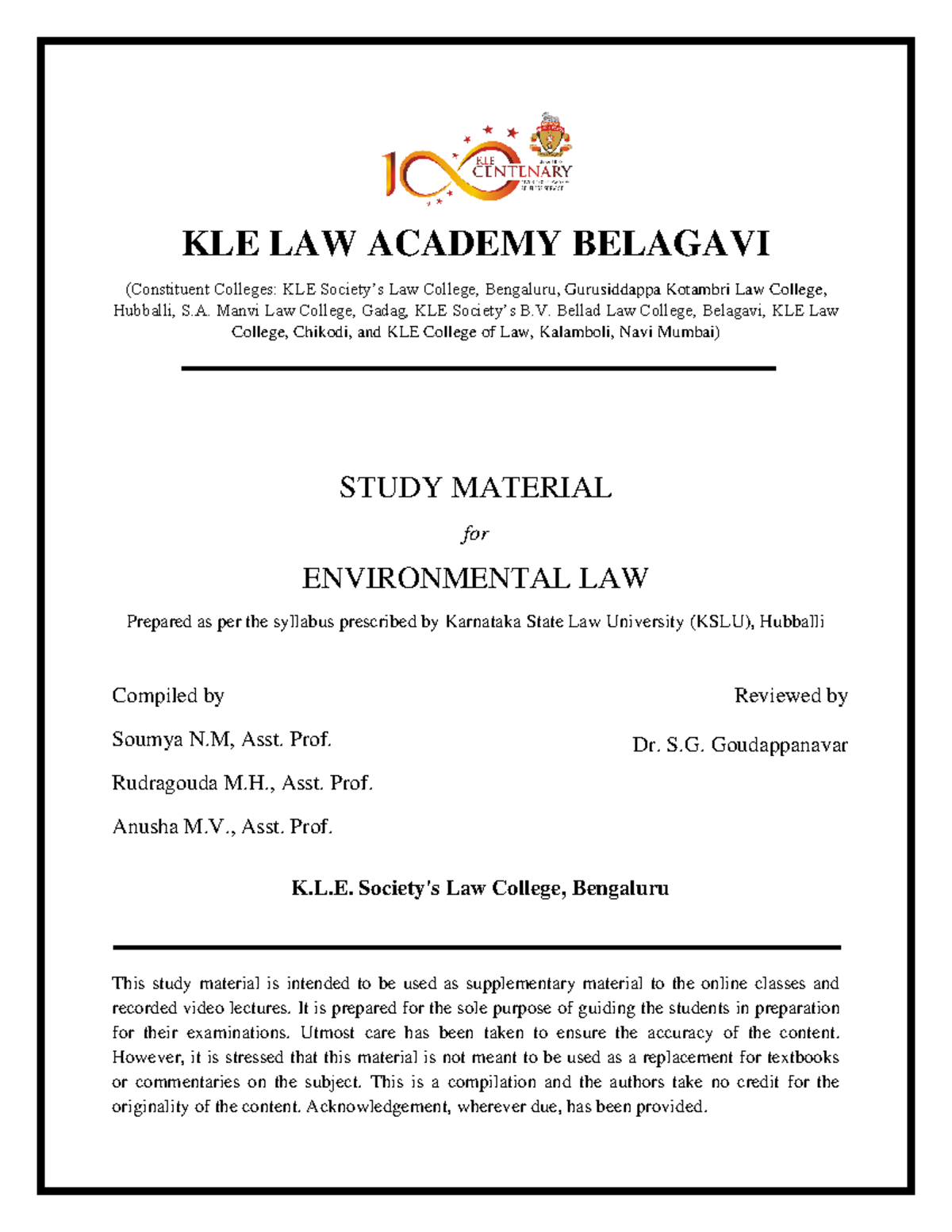 KLE Law Academy: Environmental Law Study Material Guide - Studocu