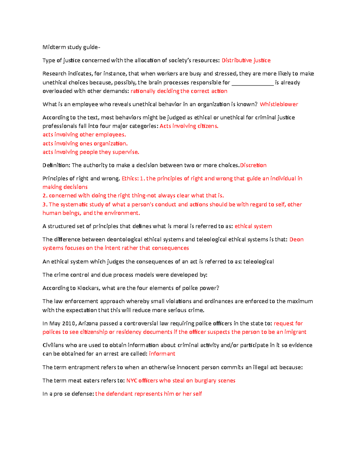 CJ 101 Midterm Study Guide: Ethics in Criminal Justice - Studocu