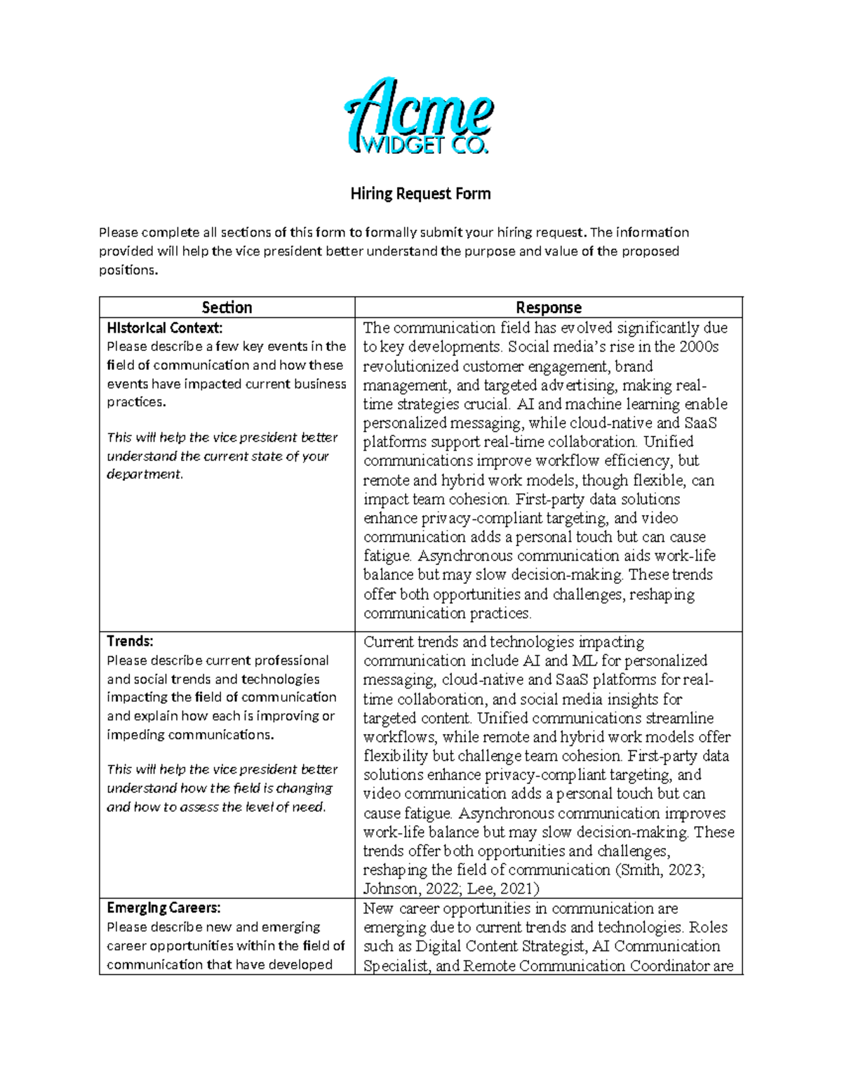 COM 127 Milestone One Hiring Request Form Submission and Analysis - Document Preview