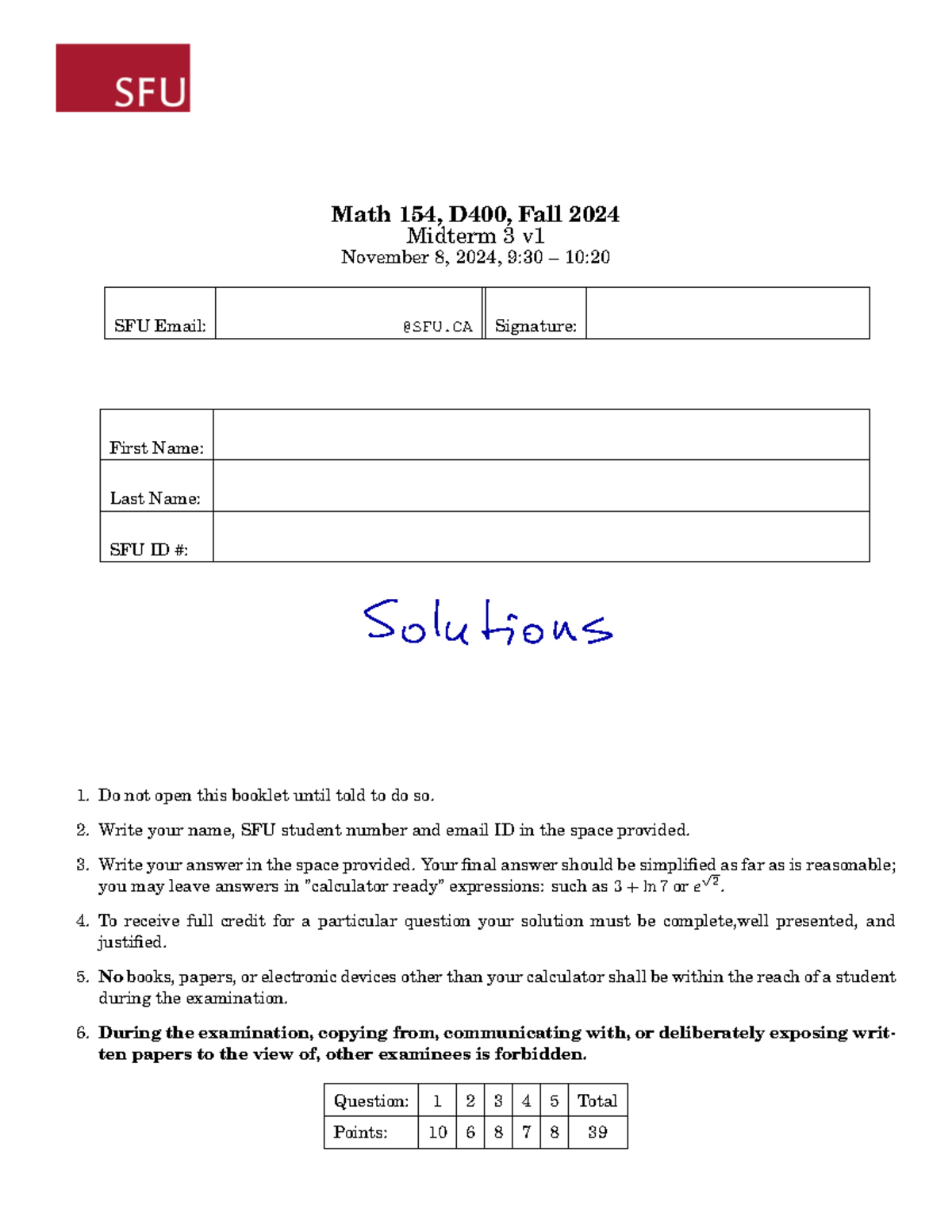 MATH 154 D400 Midterm 3 Solutions & Sample Answer Key - Studocu