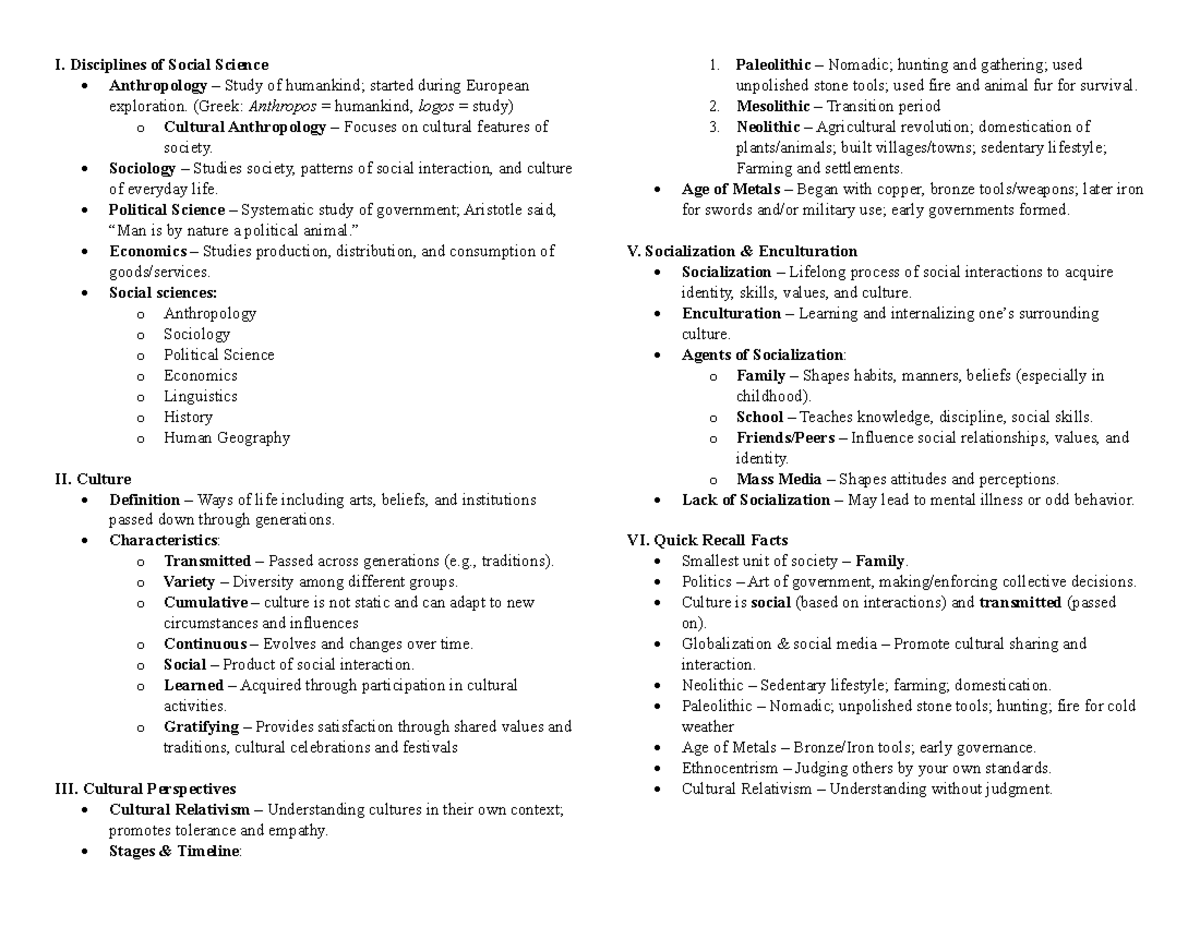 Social Science Disciplines: Anthropology, Culture, and Socialization ...