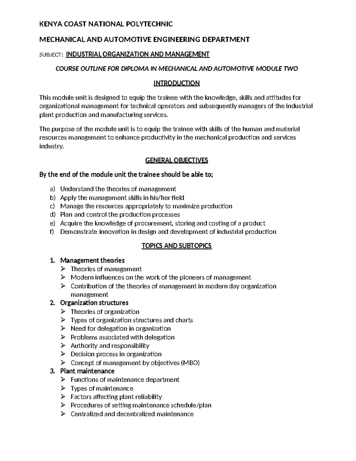Course Outline for Diploma in Mechanical & Automotive Engineering ...