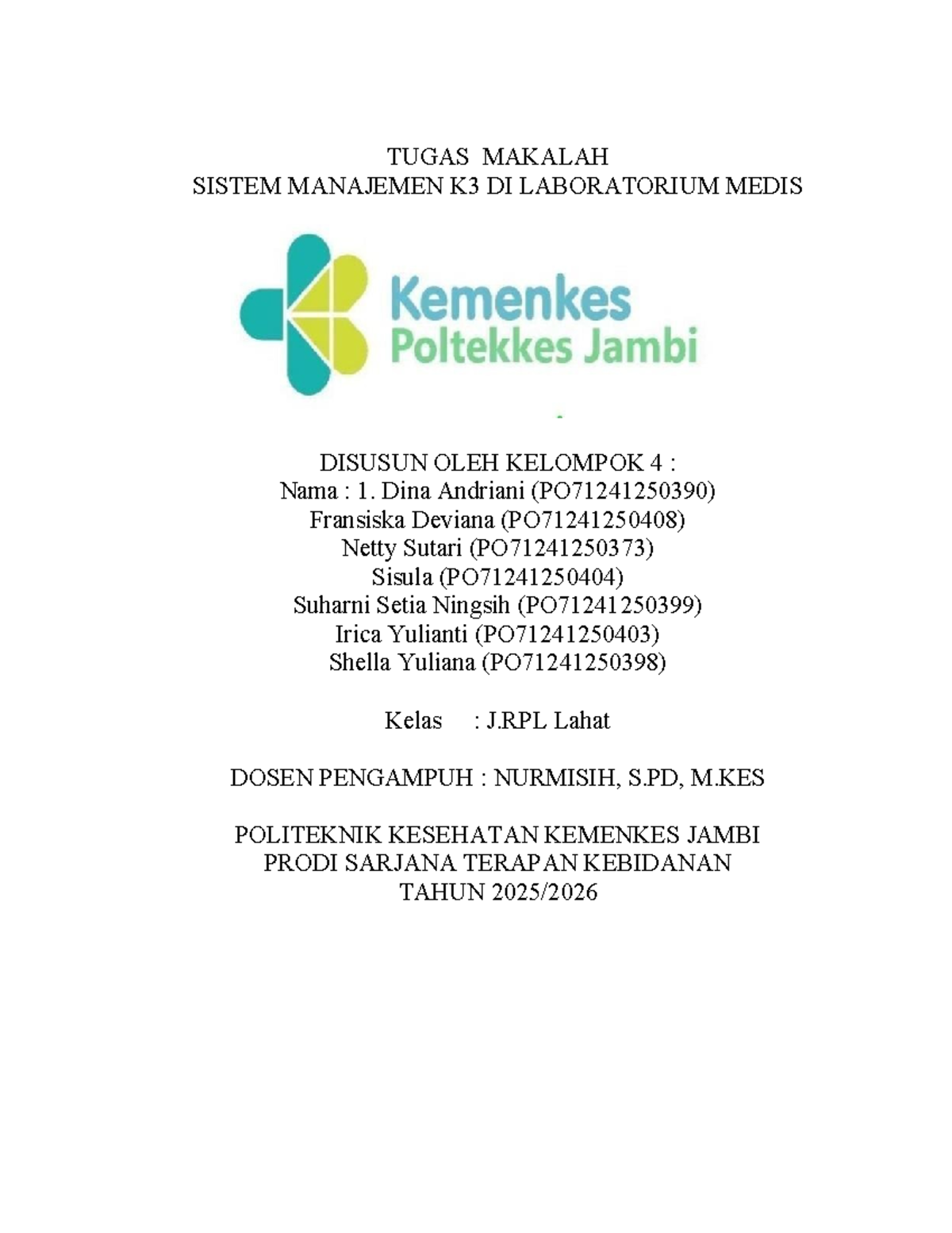 Makalah K3 di Laboratorium Medis: Tugas Kelompok 4 (PO7124) - Document Preview