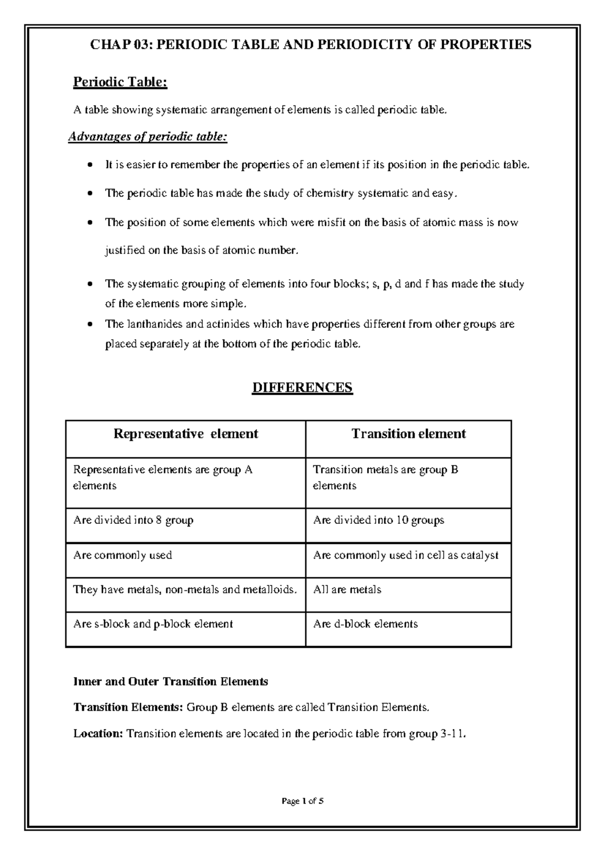 Chap 3 periodic table - notes for chapter 3 - Periodic Table: A table ...