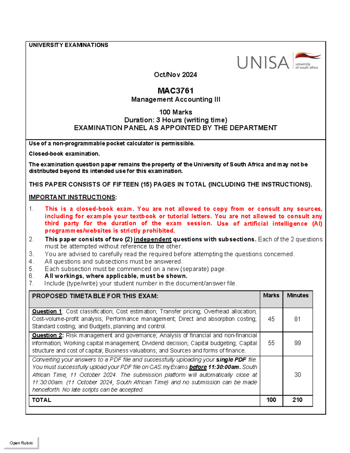 MAC3761 Management Accounting III Exam Paper - October/November 2024 ...