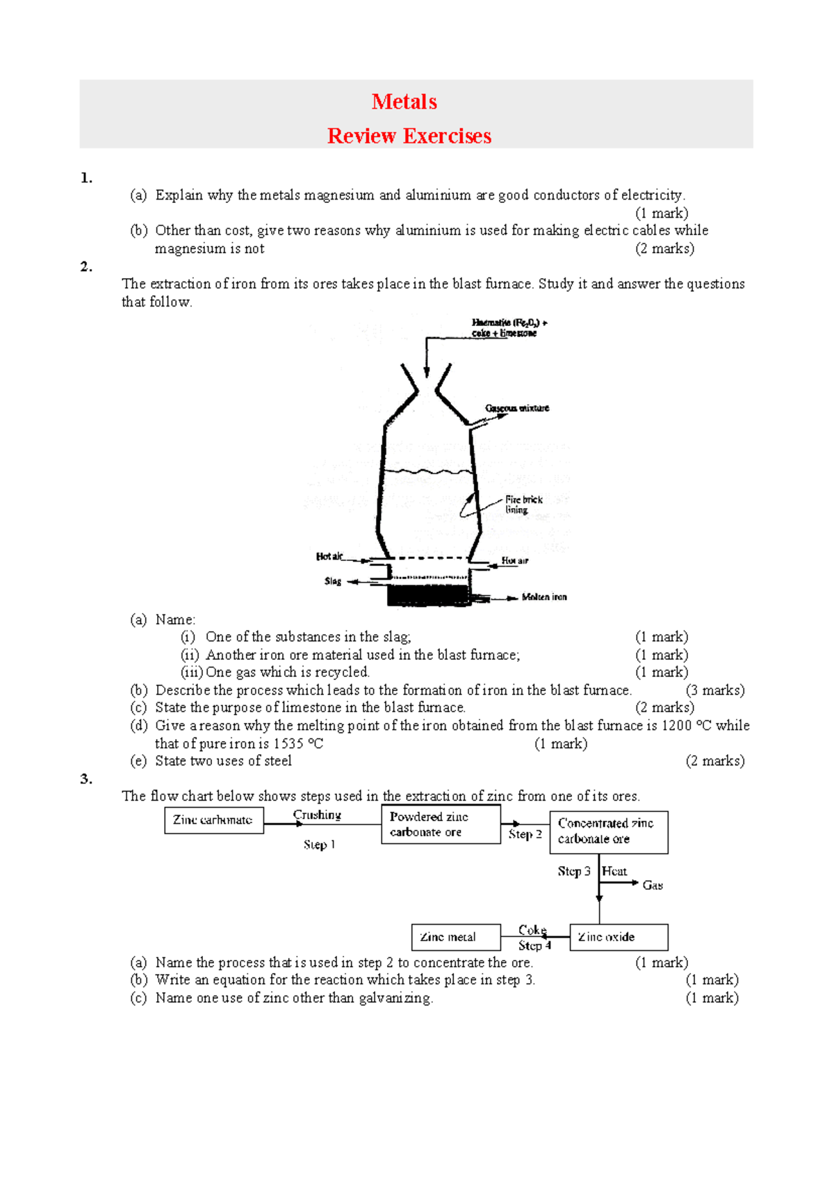Form 4 Metals - Metals Review Exercises 1. (a) Explain why the metals ...