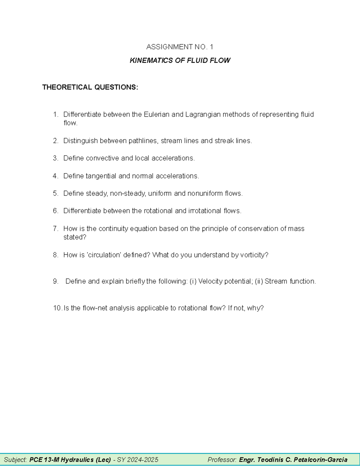 Assignment No. 1 - Kinematics of fluid flow theory uploaded - Subject ...
