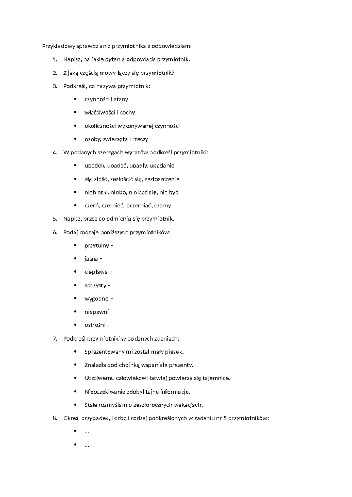 Przykładowy sprawdzian z przymiotnika z odpowiedziami - ćwiczenia i ...