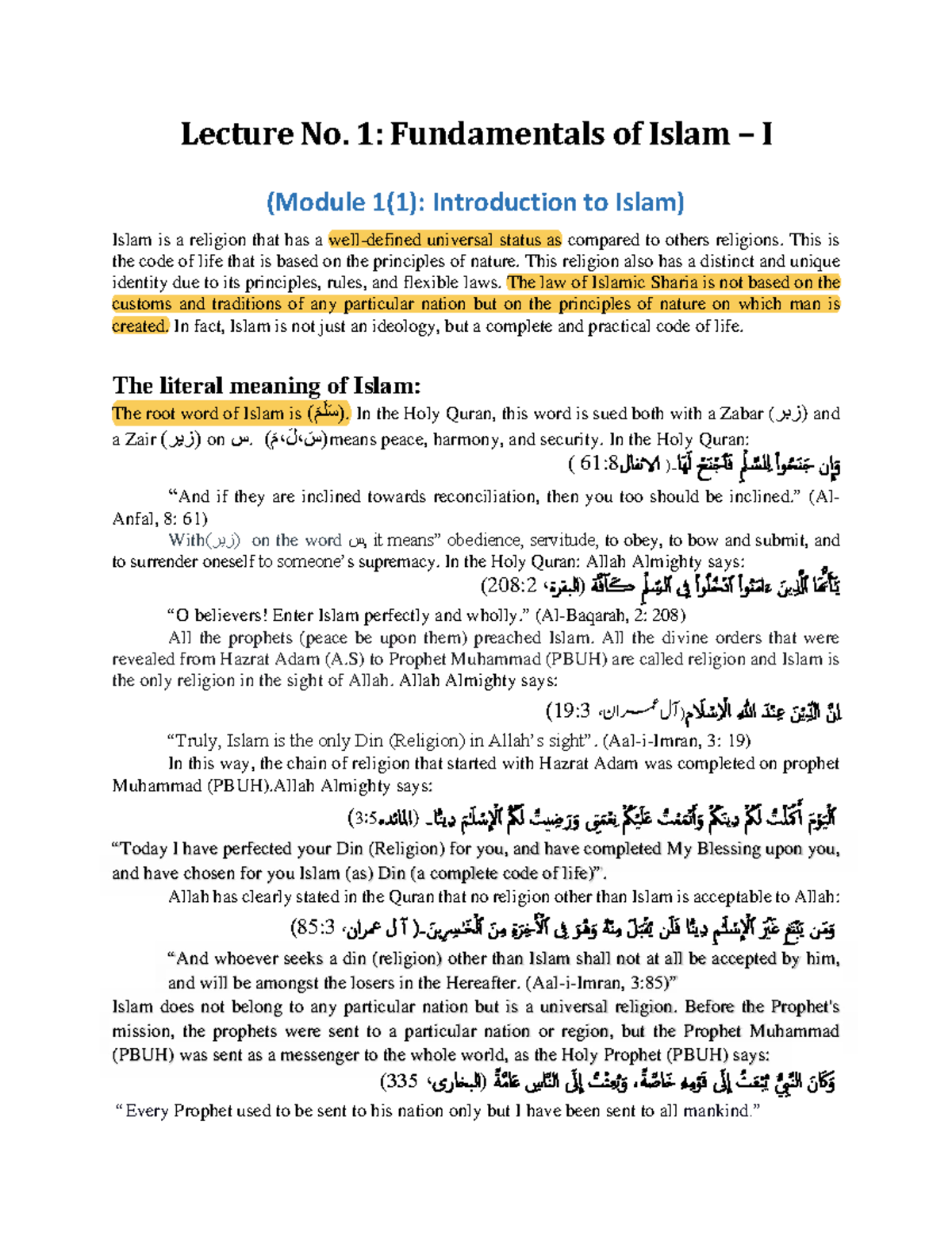 Lecture No. 1: Introduction to Islam - ISL202 Fundamentals - Studocu