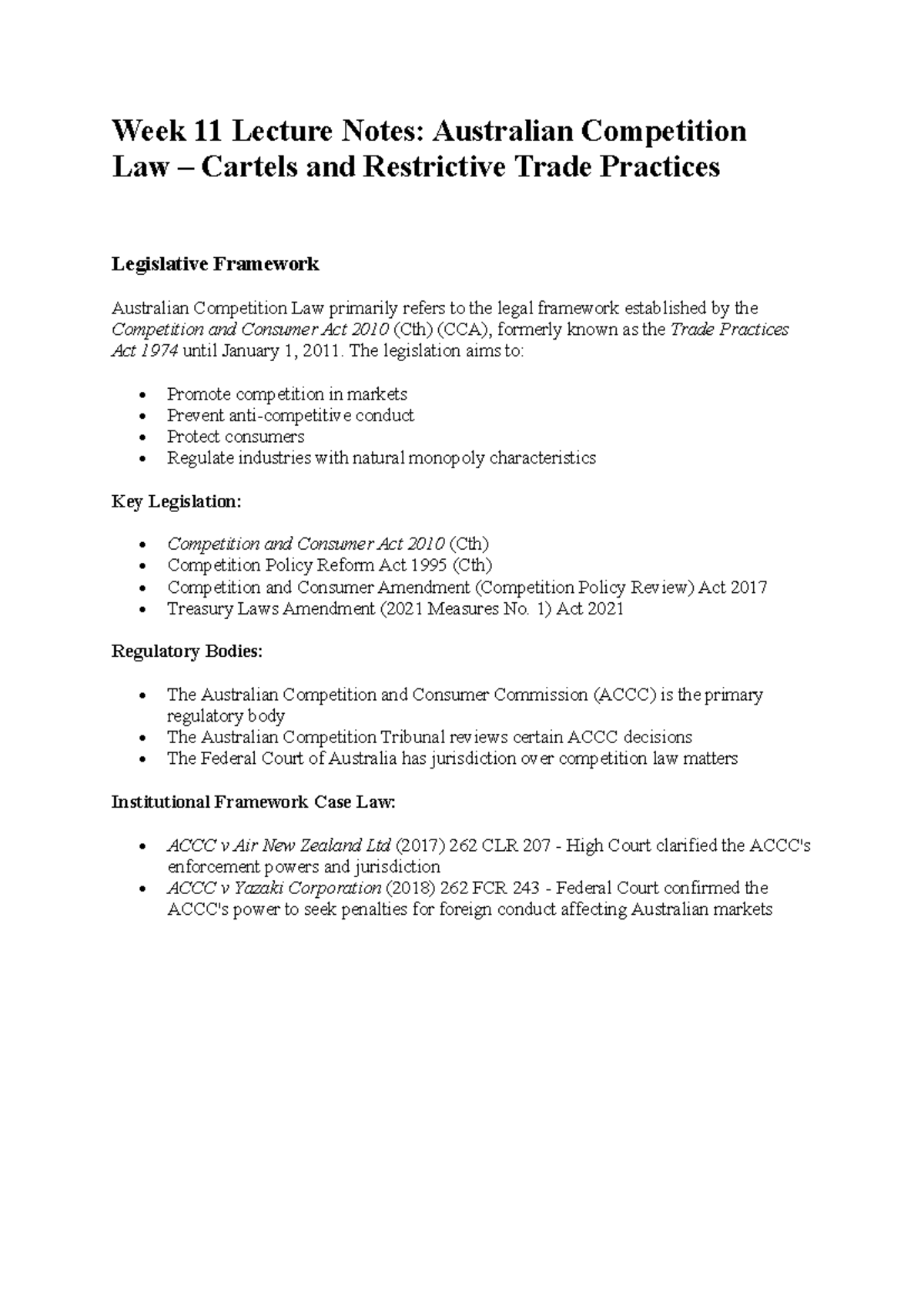 Week 11 Lecture Notes: Australian Competition Law Overview and Key ...