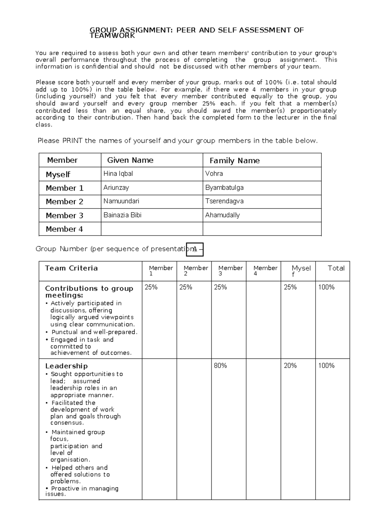 Group Assignment: Peer & Self Assessment of Teamwork Contributions ...