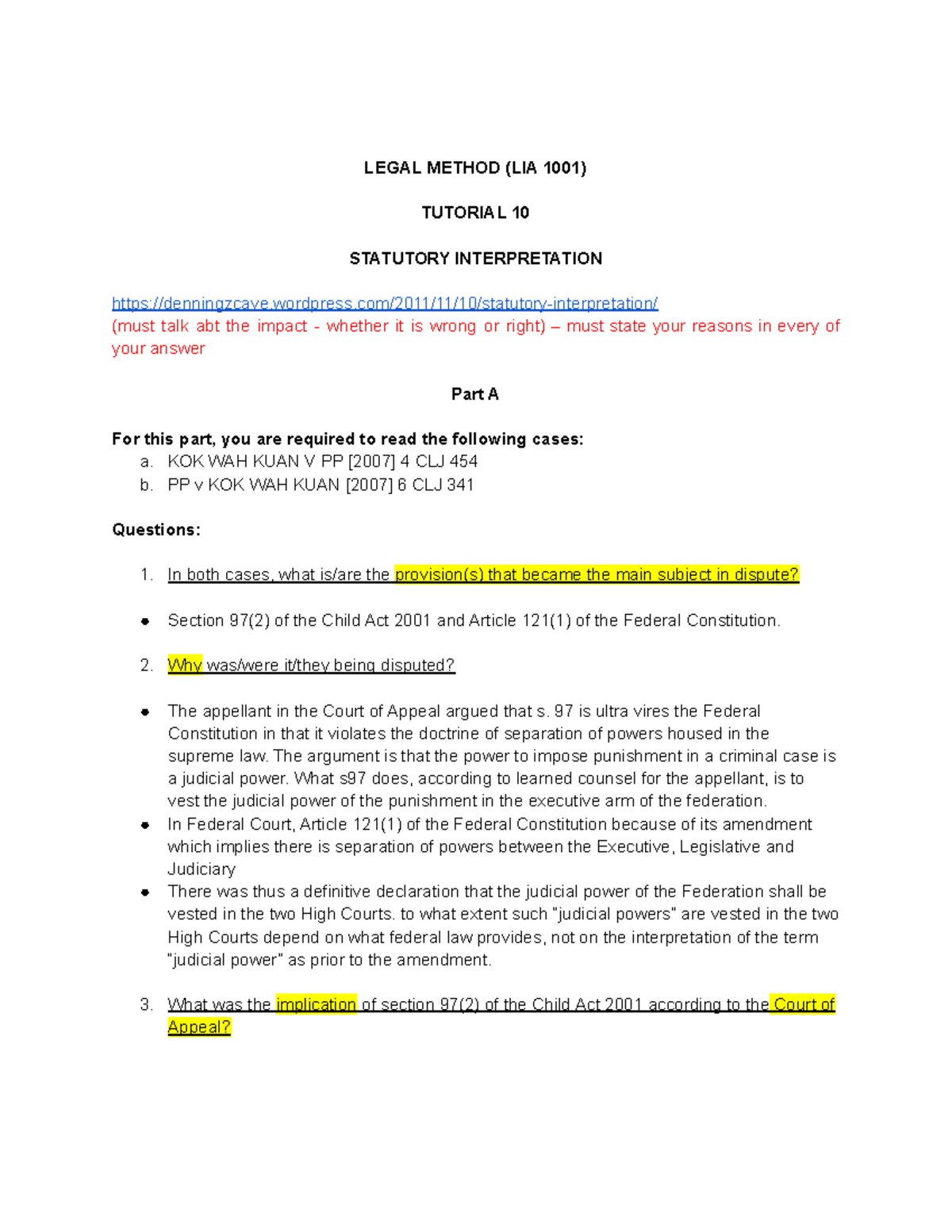 LIA 1001: Tutorial 10 on Statutory Interpretation and Case Analysis ...