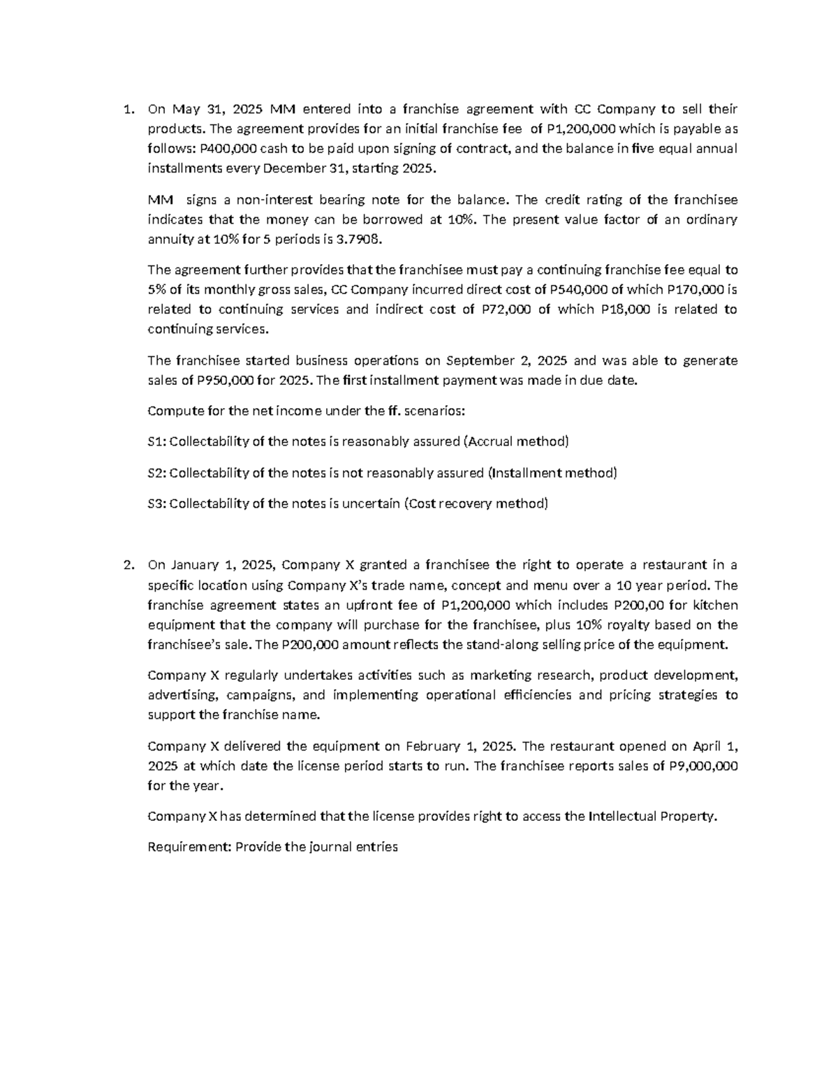 Franchise Agreement Analysis and Journal Entries (Course Code: FRN 101 ...