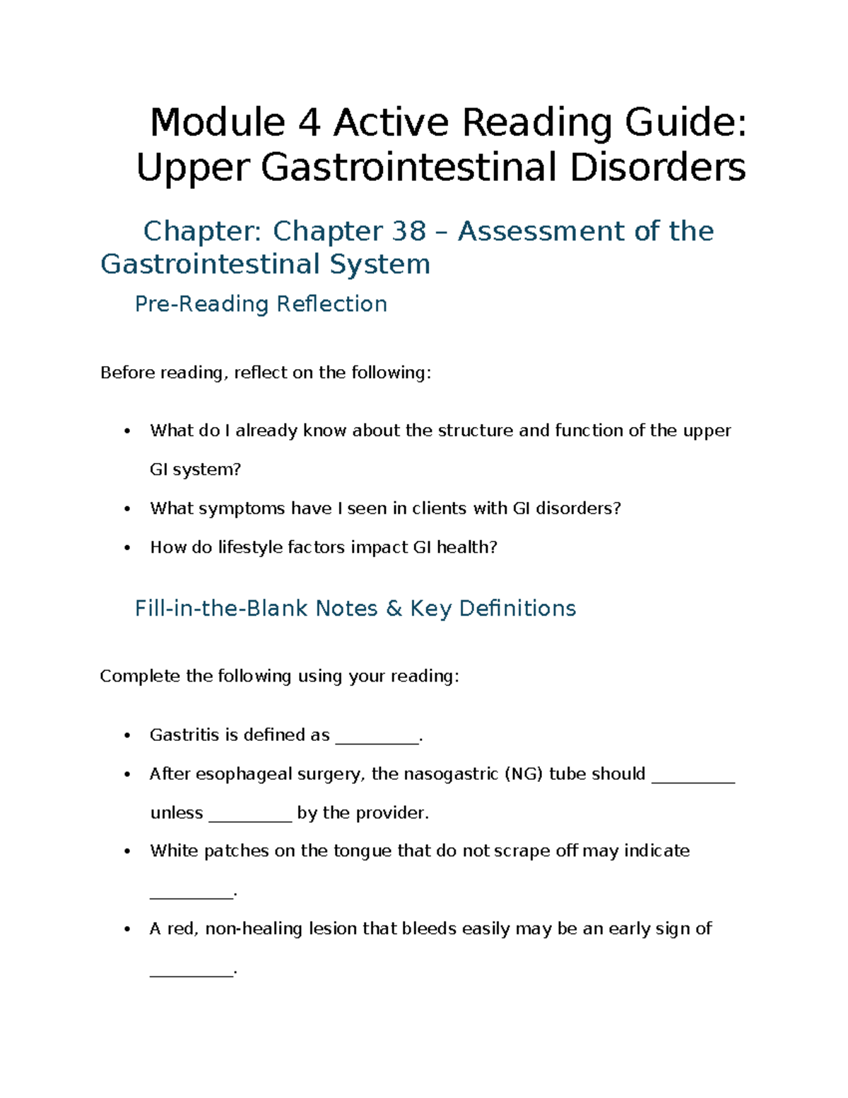 NUR2392 Module 4 Active Reading Guide: Upper GI Disorders Insights ...