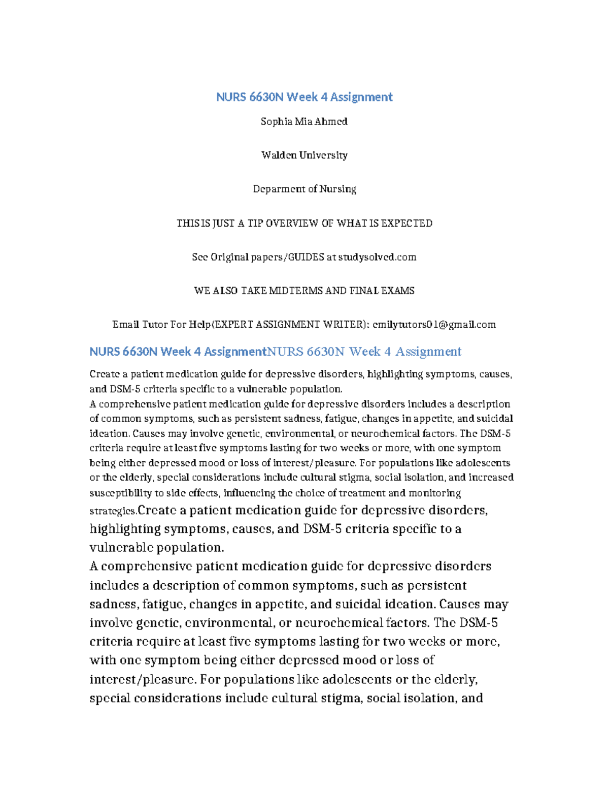 NURS 6630N Week 4 Assignment - NURS 6630N Week 4 Assignment Sophia Mia ...