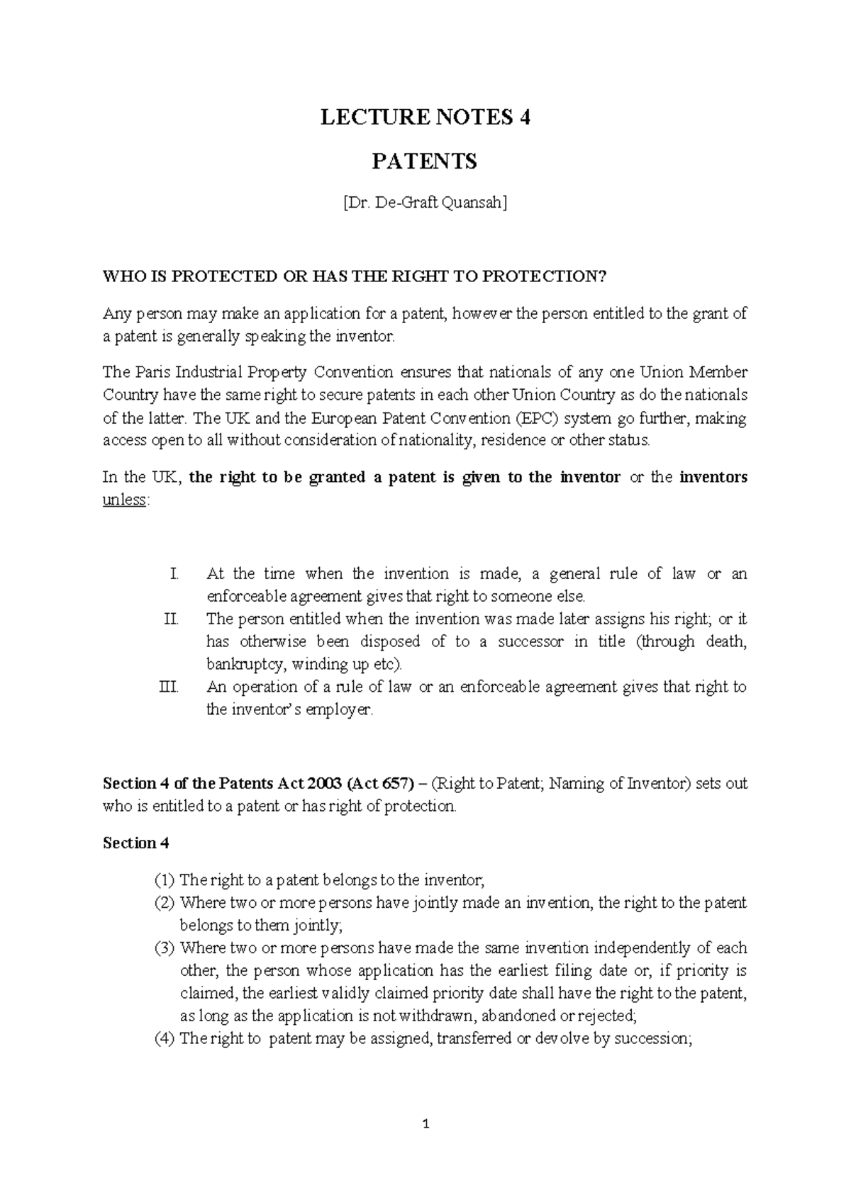 LECTURE NOTES 4: PATENT PROTECTION RIGHTS AND GOVERNANCE - Studocu