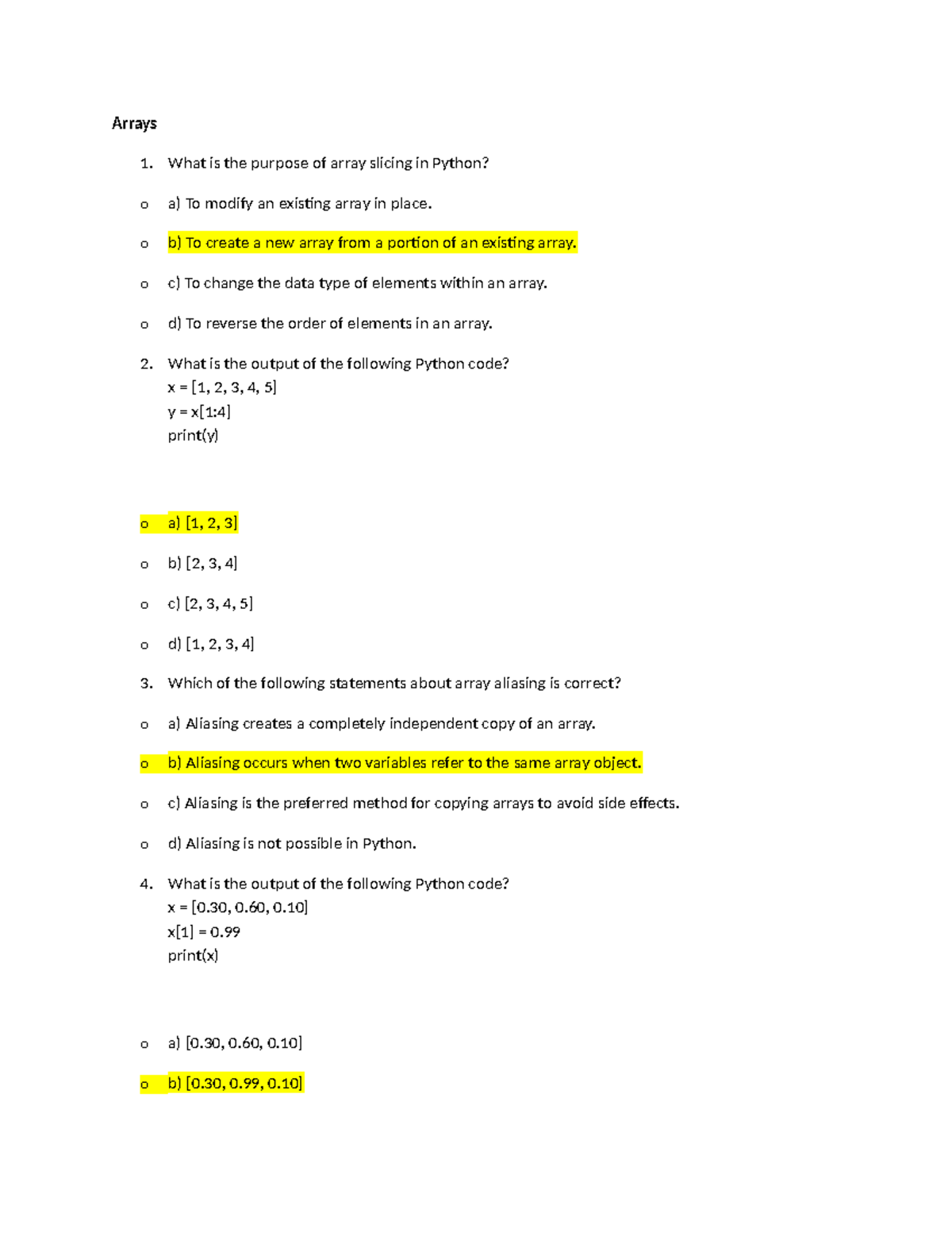 Multiple choice practice paper for Python arrays and functions - Studocu