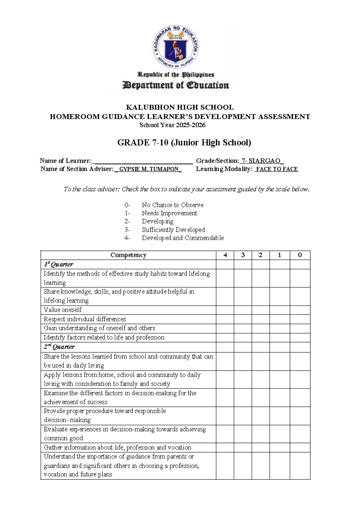 HGP Assessment - JHS Homeroom Guidance Development 2023 - Studocu