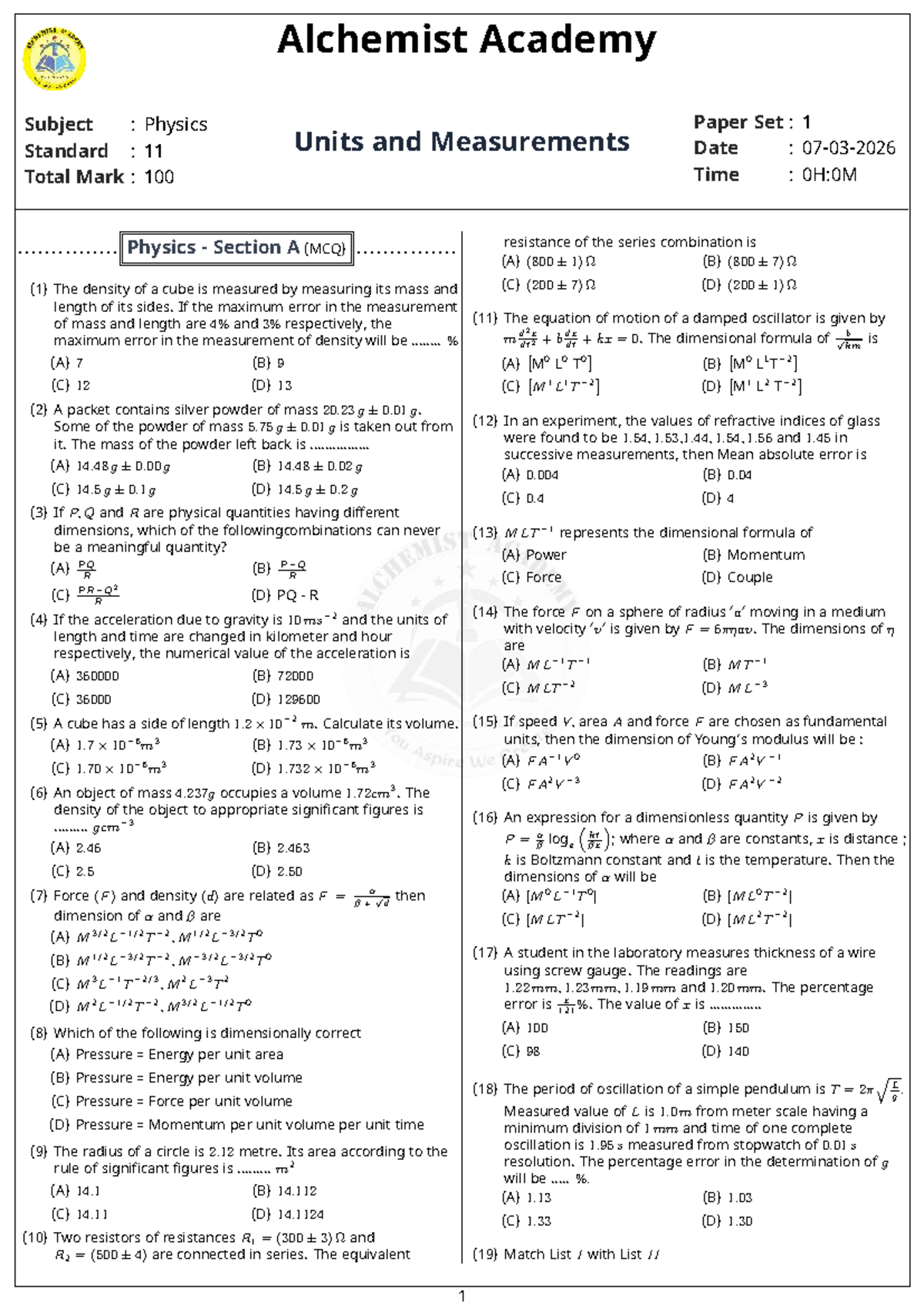 Physics 11 Units and Measurements: MCQ Practice Set - Studocu