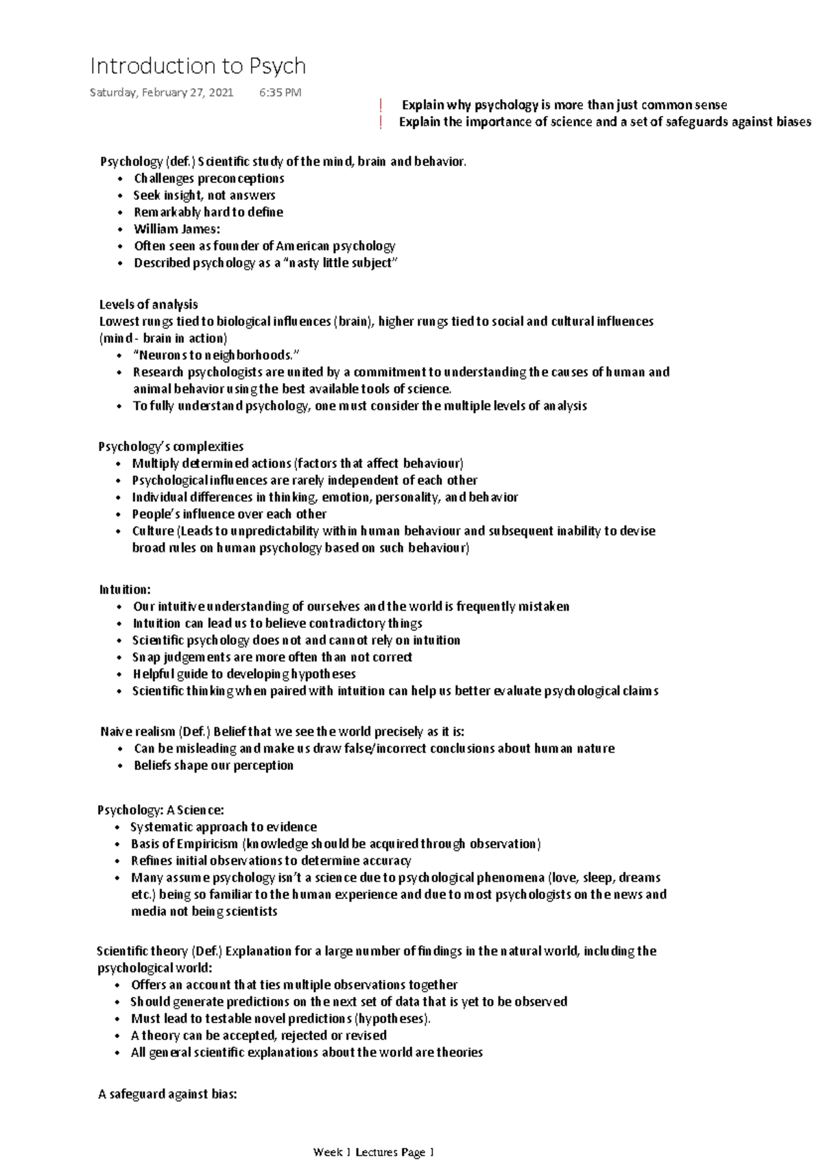 Week 1 Lecture Notes on PSYU1101: Introduction to Psychology - Studocu
