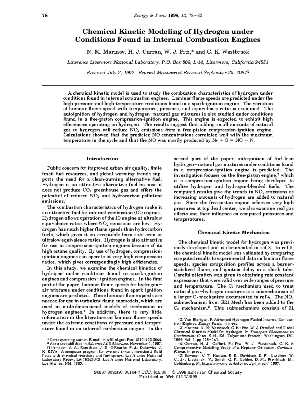 Chemical Kinetic Modeling of Hydrogen Combustion in IC Engines (ENGR ...