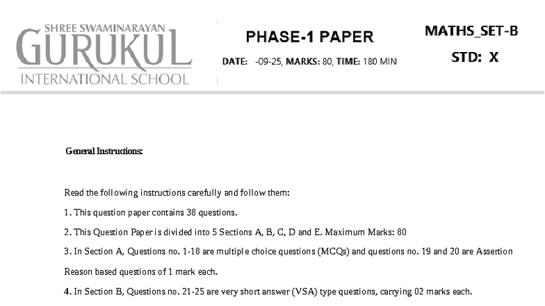 X Class Phase-1 Maths Paper SET-B: General Instructions & Question ...