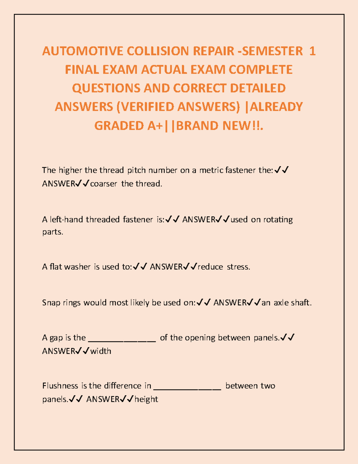 AUTOMOTIVE COLLISION REPAIR 1 FINAL EXAM COMPLETE QUESTIONS & ANSWERS ...
