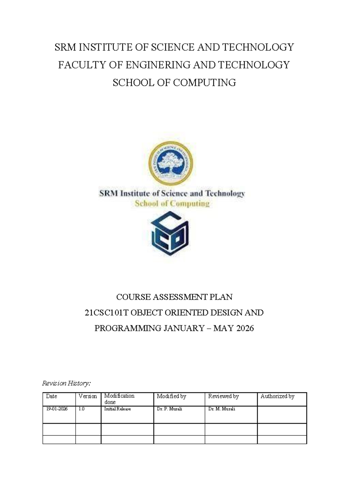 21CSC101T - OODP - Course Assessment Plan (Jan-May 2026) - Studocu