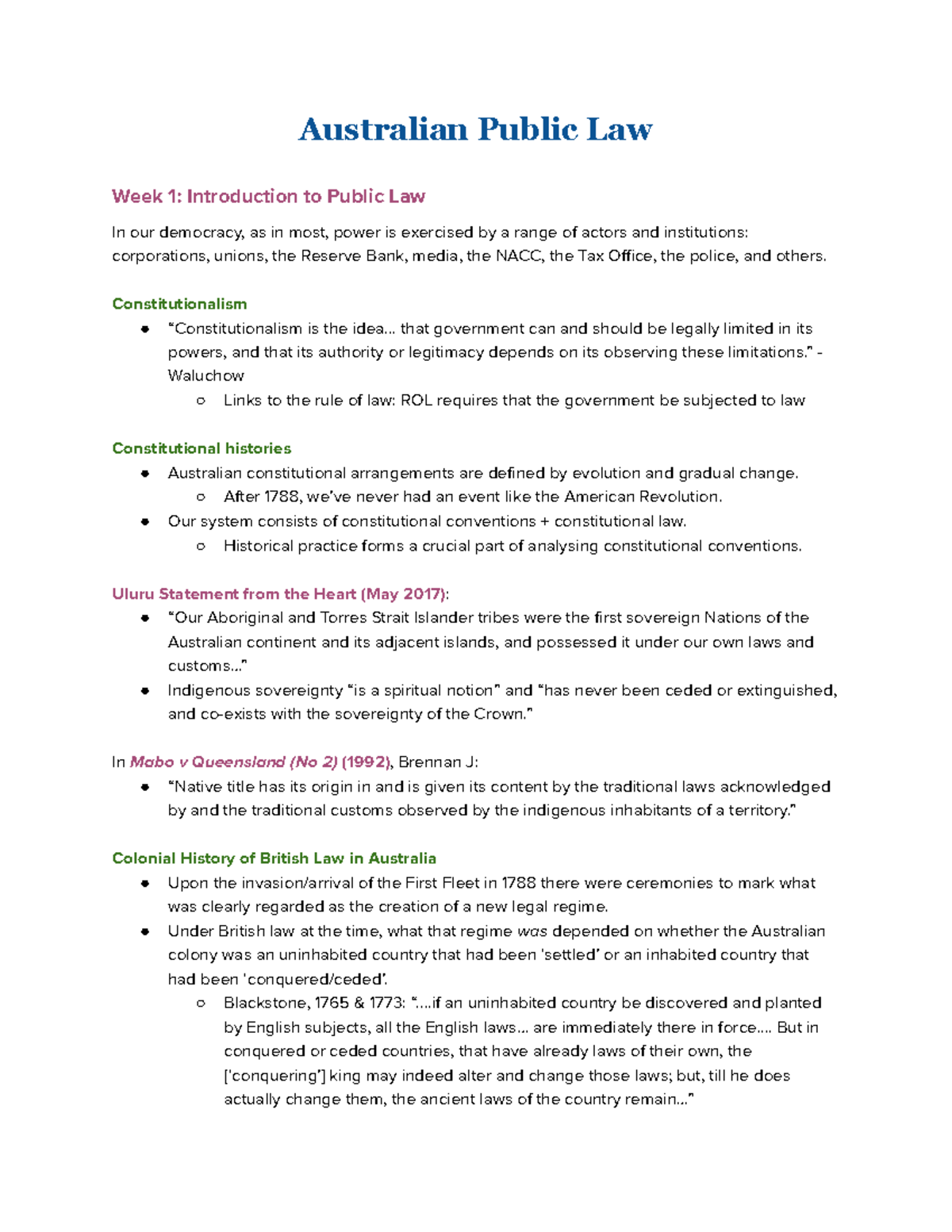 Australian Public Law APL101: Week 1 Lecture Notes on Constitutional ...