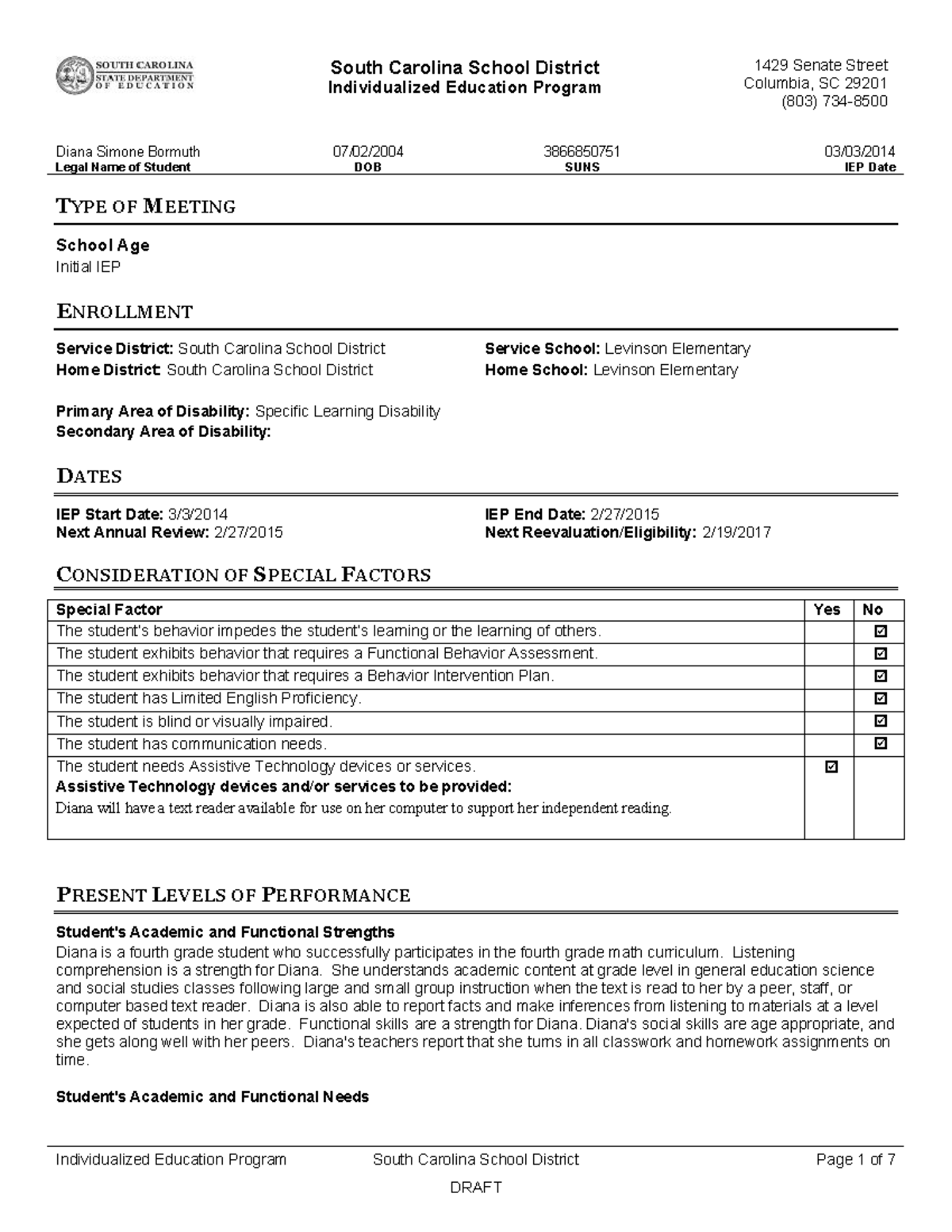 SC - Sample IEP for Diana Bormuth: Initial Review & Goals - Studocu