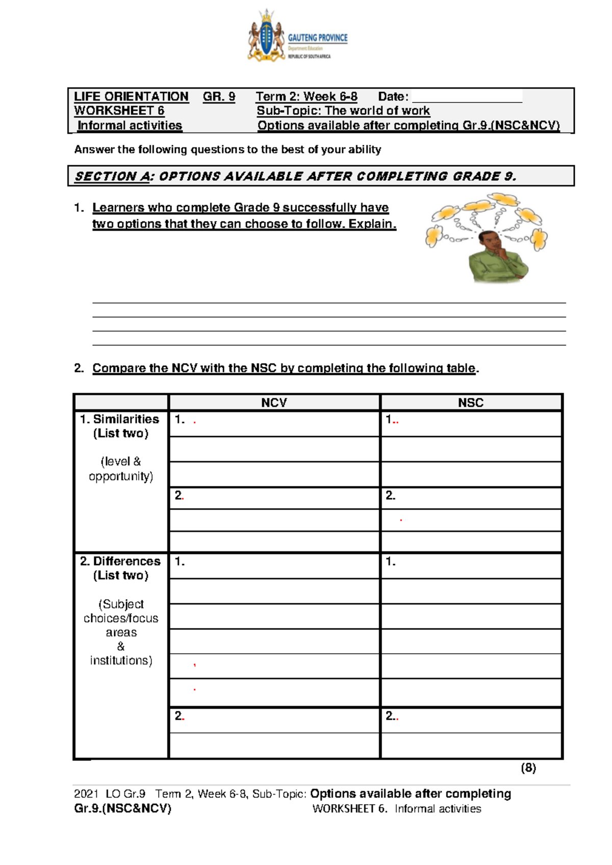 Gr. 9 LO T2: Week 6-8 Worksheet on Post-Grade 9 Options - Studocu