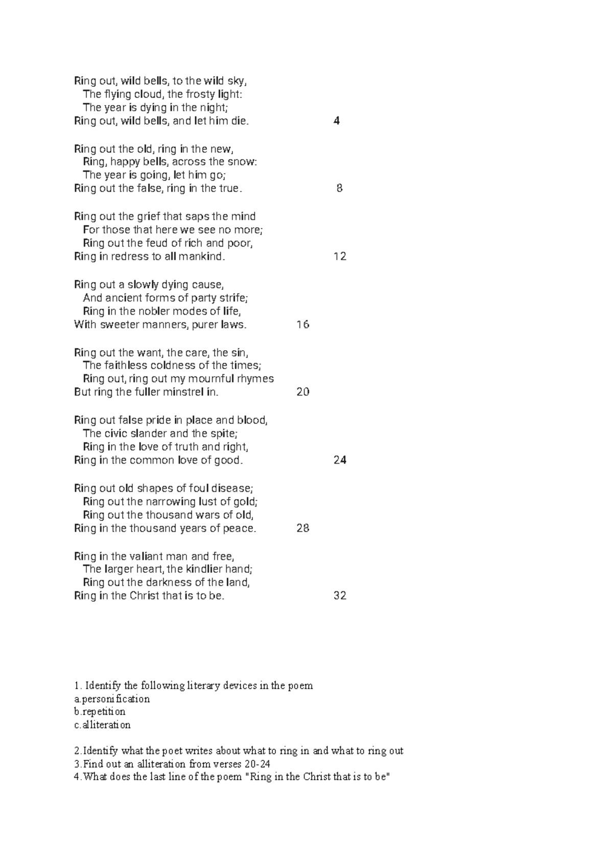 Ring Out - Poem Comprehension (Literary Devices & Analysis) - Studocu