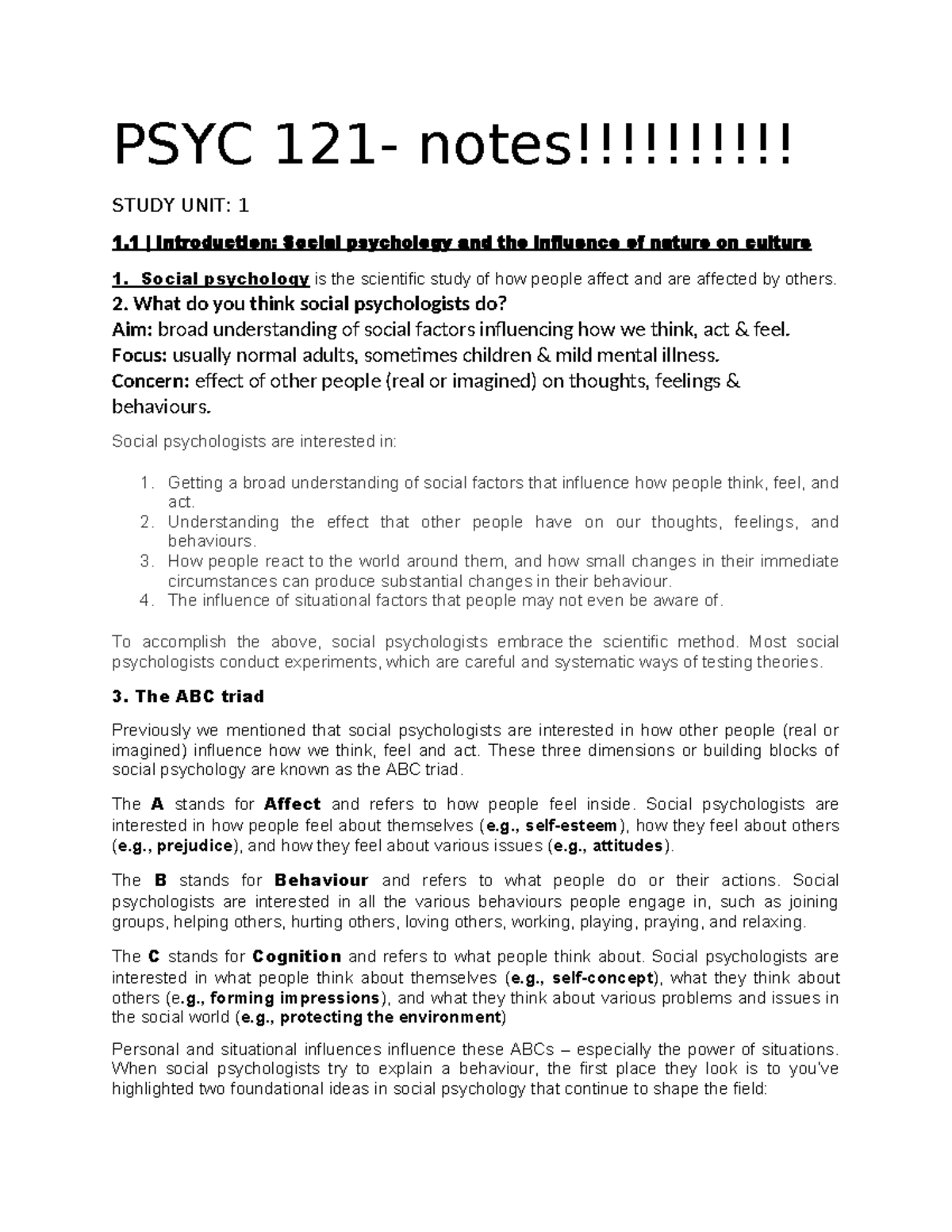 PSYC 121 - Final Notes: Key Concepts in Psychology Summary - Studocu