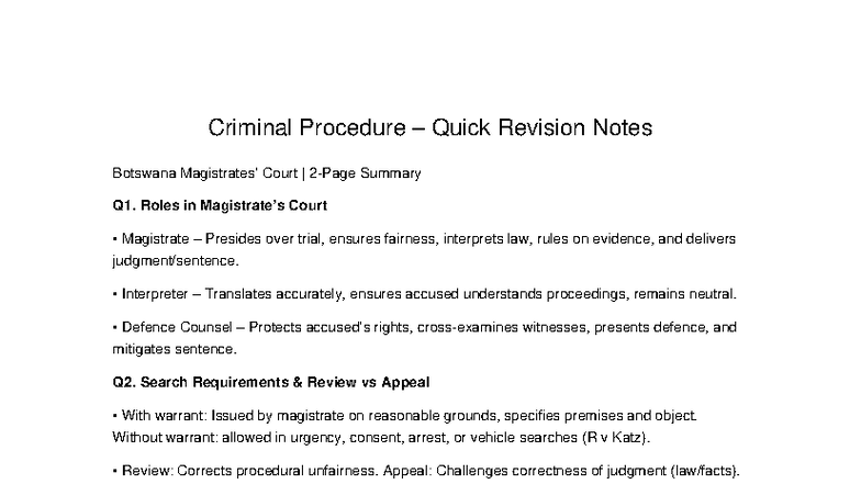 Criminal Procedure Revision Notes: Botswana Court Summary Q1-Q5 - Studocu