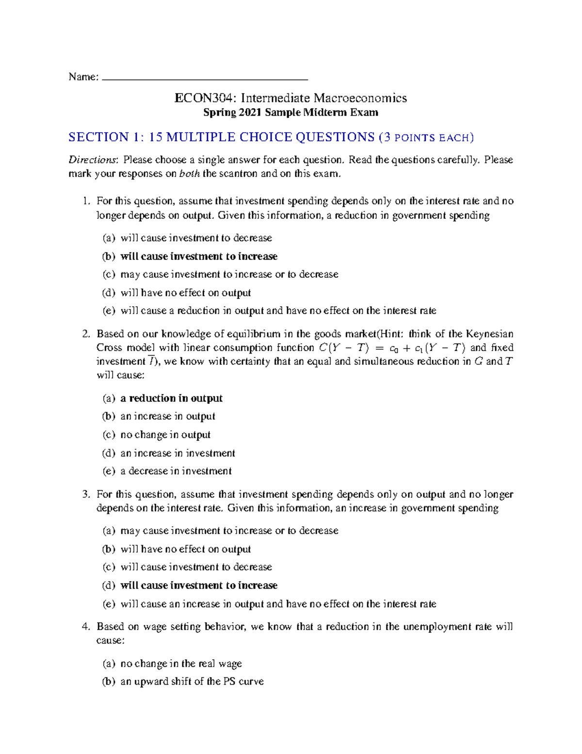 ECON304: Spring 2021 Sample Midterm Exam Answer Key and Solutions - Studocu