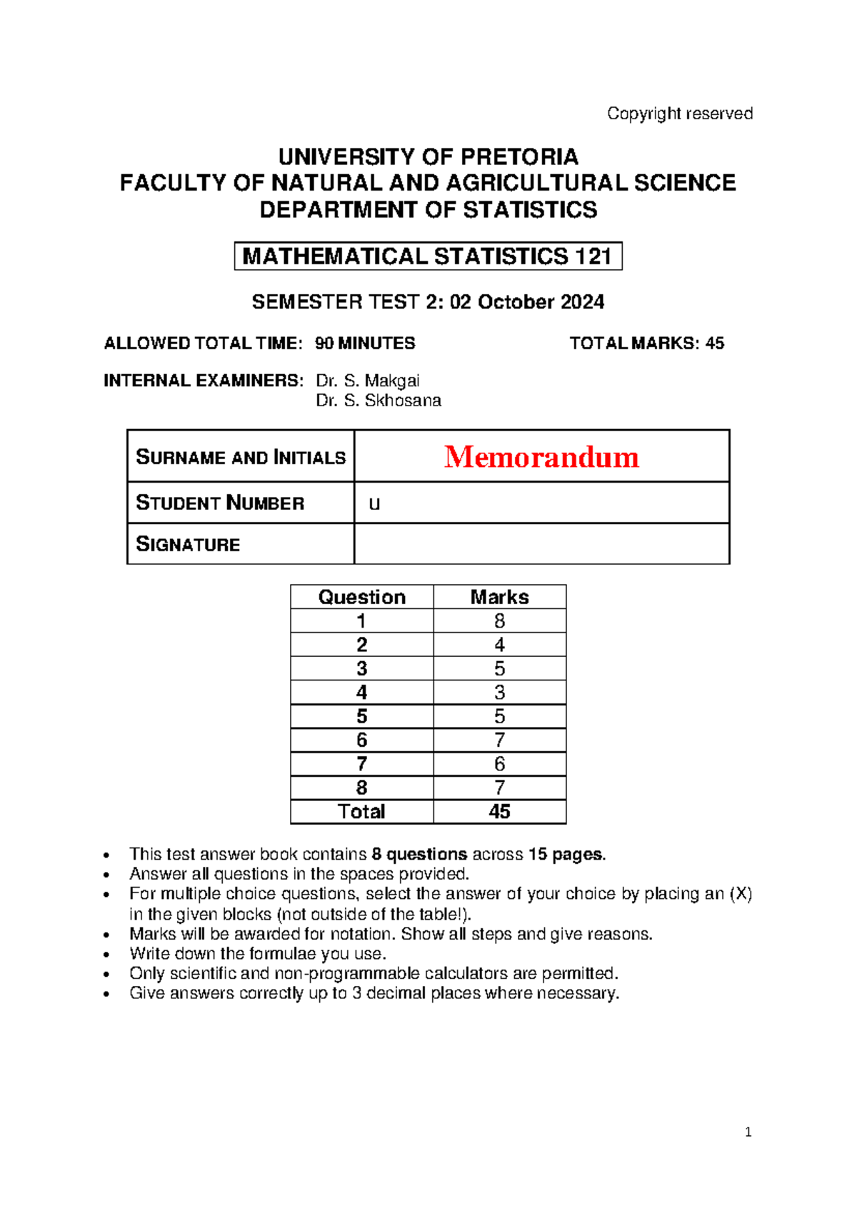 WST121 - Mathematical Statistics 121 Semester Test 2 Memorandum 2024 ...