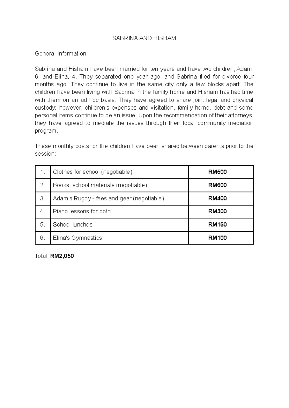 Mediation Roleplay Script: Sabrina & Hisham - ADR G2 Insights - Studocu