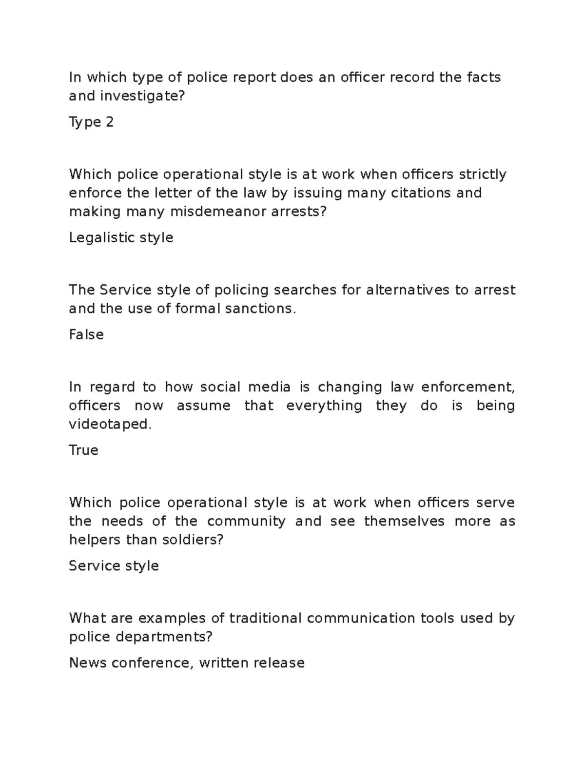 CJ 205 Module 2 check your knowledge quiz - In which type of police ...