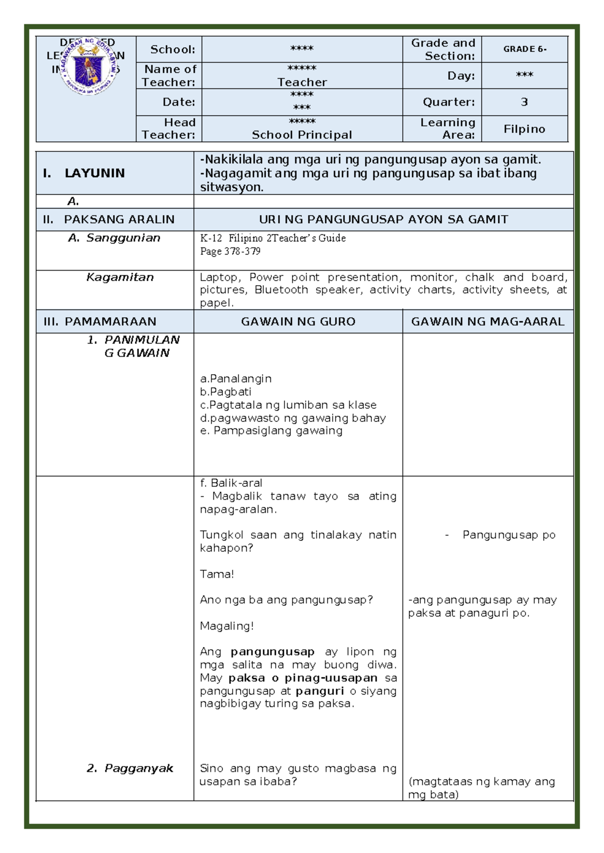 Copy of Q3 Filipino 6 Detailed Lesson Plan on Sentence Types - Studocu
