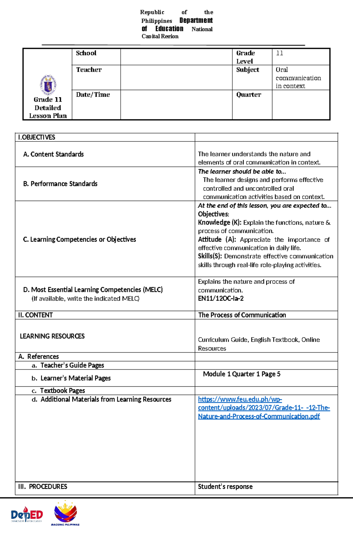 DLP Grade 11 Oral Communication in Context - Detailed Lesson Plan - Studocu