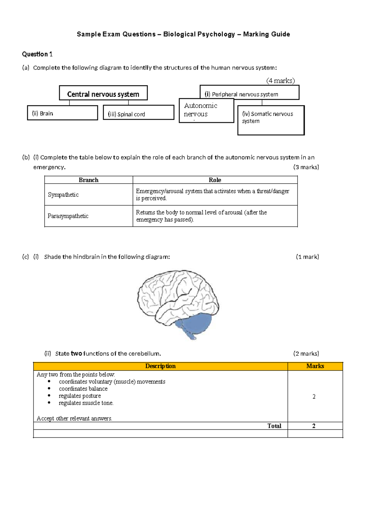 Sample Exam Questions: Biological Psychology Marking Guide - Studocu