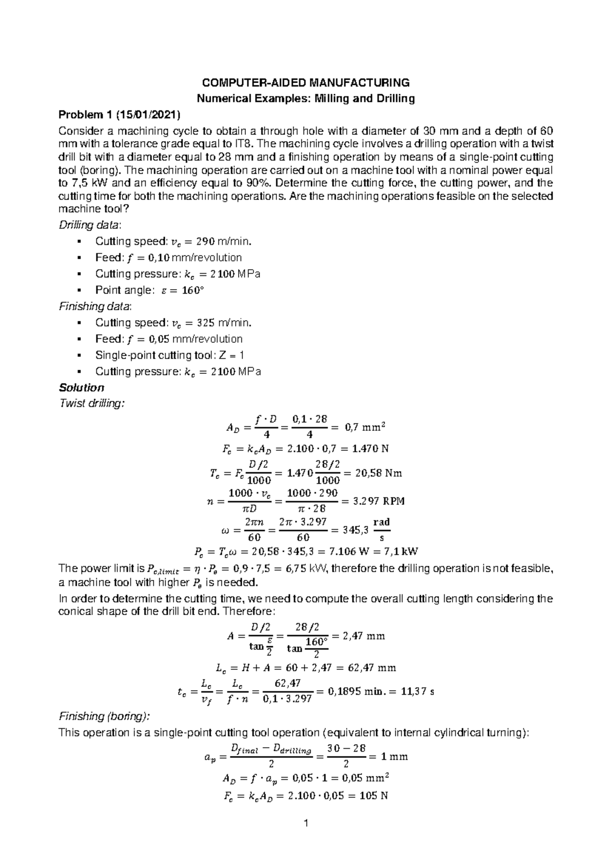 CAM Numerical problems with solutions - Milling and Drilling - COMPUTER ...