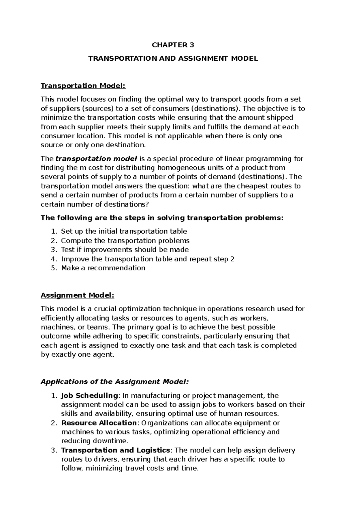 MS Transportation - Assignment Models: Comprehensive Guide - Studocu