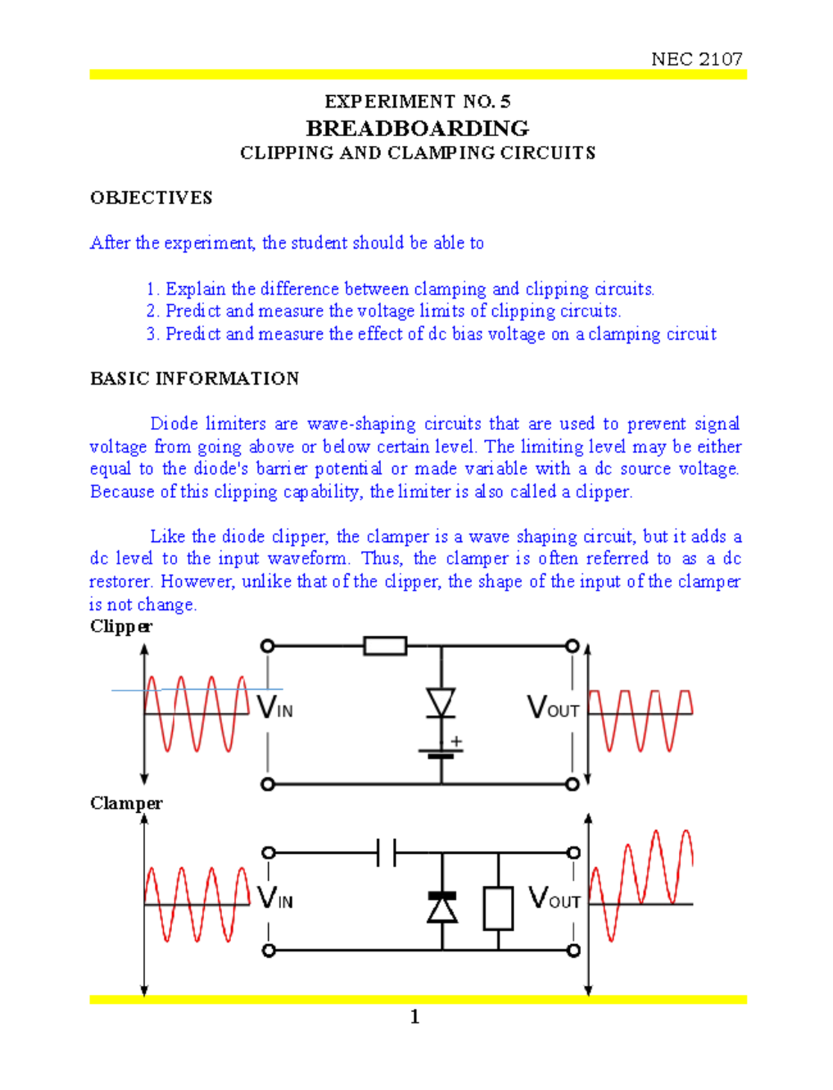 NEC 2107 - EXP. NO. 5 - Breadboarding Clipper & Clamper Circuits - Studocu