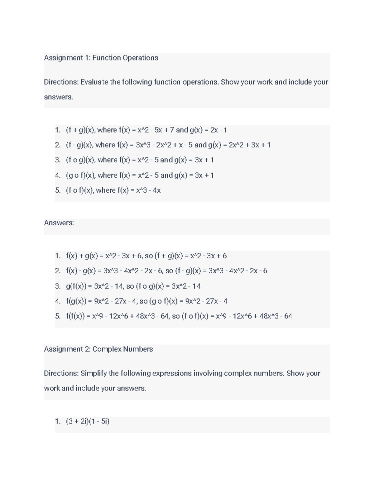 Assignment 1: Function Operations, Assignment 2: Complex Numbers, and ...